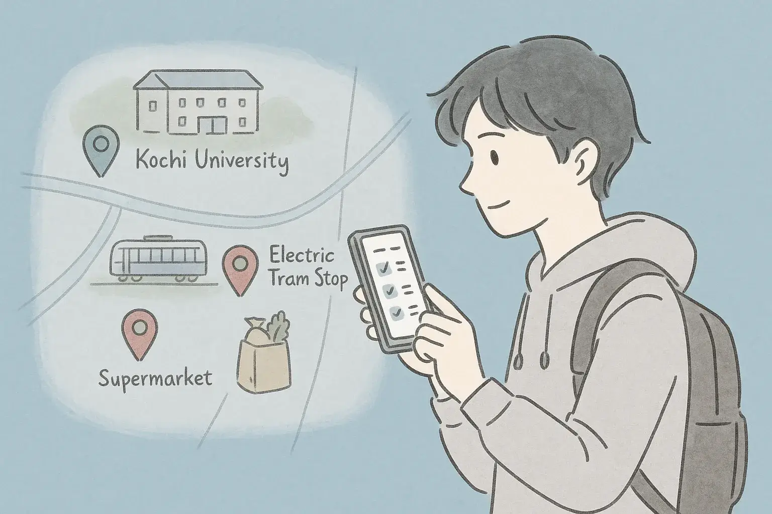高知大学周辺の地図に物件ピンと路面電車。学生がスマホで賃貸物件を探しているイラスト
